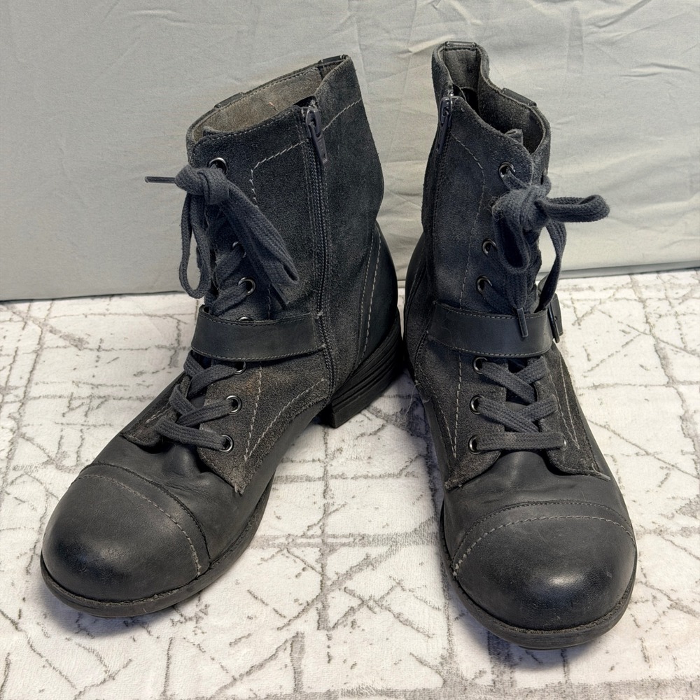 Abeo BIOsystem Verity Leather Suede Combat Boots Grey Black Side Zip Buckle 8.5